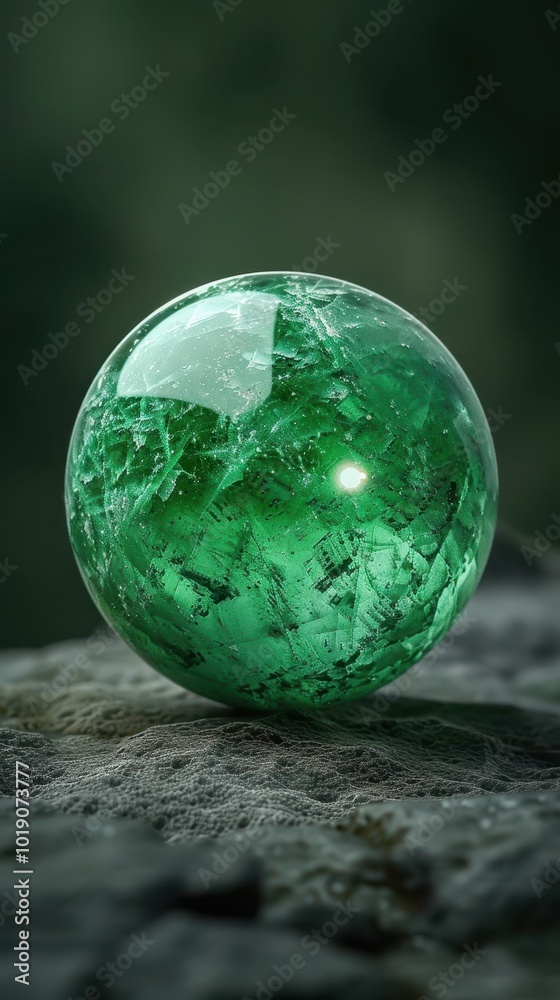 Vibrant green aventurine ball gleaming against a deep black background Vibrant green aventurine ball gleaming against a deep black background