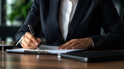 Close-up of a business professional signing documents at a desk with a pen and clipboard.