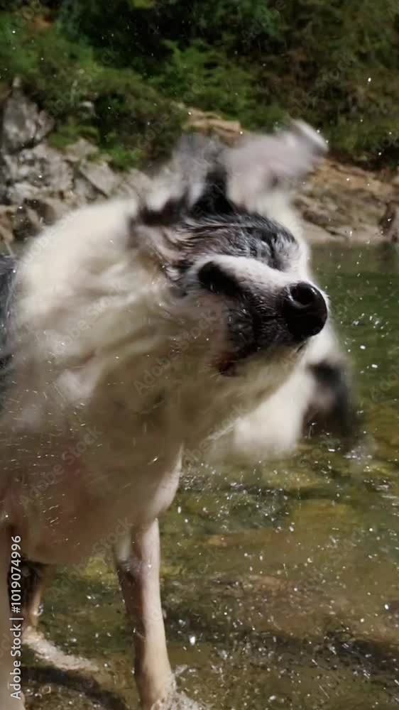 slow motion video of a border collie dog shaking off the water after bathing in the river slow motion video of a border collie dog shaking off the water after bathing in the river
