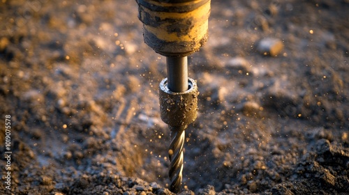 Close-Up of Drill Bit in Earthy Soil