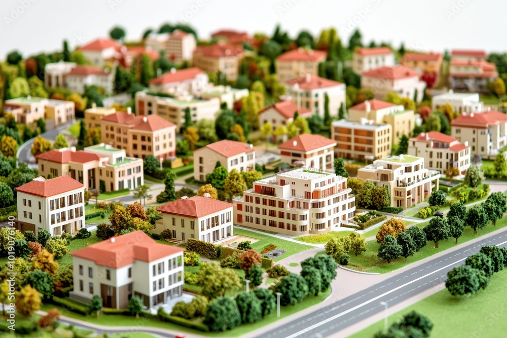 Detailed miniature model of suburban homes and buildings showcasing intricate designs in a vibrant landscape. Detailed miniature model of suburban homes and buildings showcasing intricate designs in a vibrant landscape.