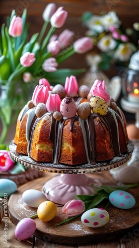 Festive table with a babovka bundt cake, tulips, and colorful eggs photo