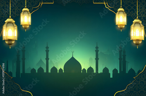 Elegant Ramadan Kareem Greeting Background design with copy space design, green color, and golden frame, Islamic background template for banner or poster design,  photo