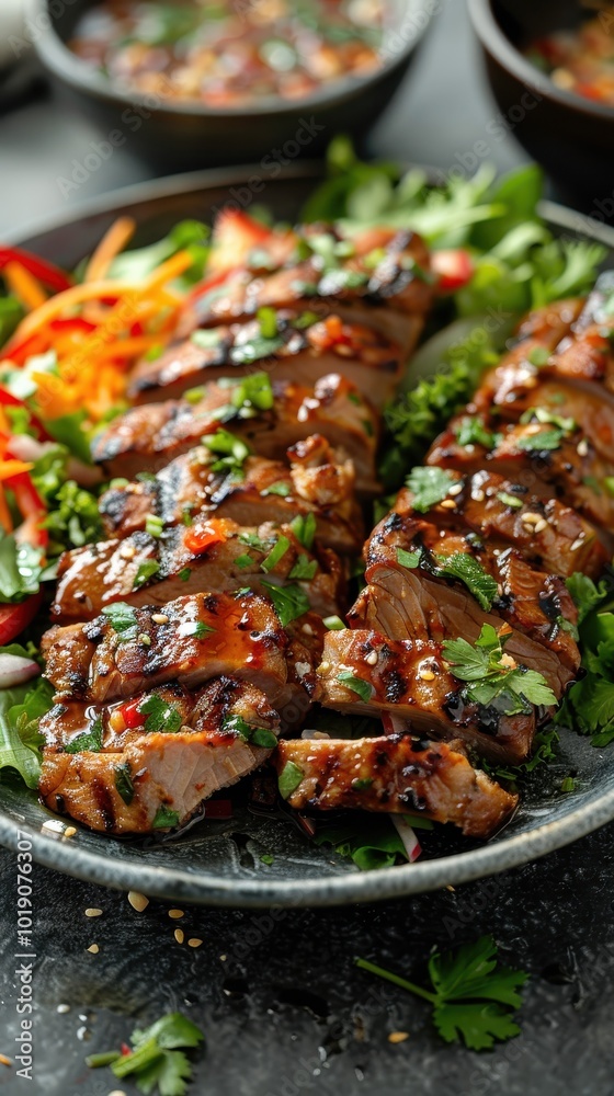 Savory sliced grilled pork salad with fresh greens and colorful toppings served on a table Savory sliced grilled pork salad with fresh greens and colorful toppings served on a table