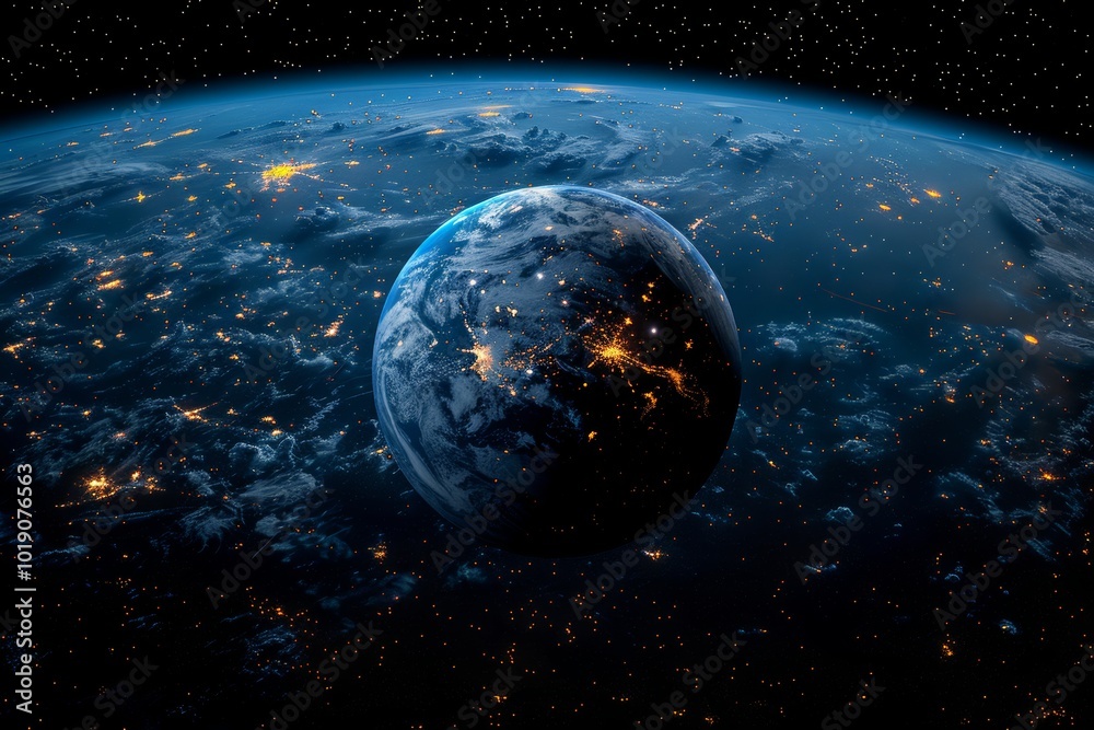 Obraz premium Half of earth illuminated by city lights against a black starry background in outer space