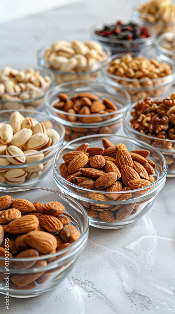 A beautiful display of assorted nuts in glass bowls on a white background for snack inspiration A beautiful display of assorted nuts in glass bowls on a white background for snack inspiration