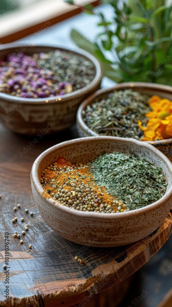 Three ceramic bowls filled with colorful herbs on a wooden table in a bright kitchen Three ceramic bowls filled with colorful herbs on a wooden table in a bright kitchen
