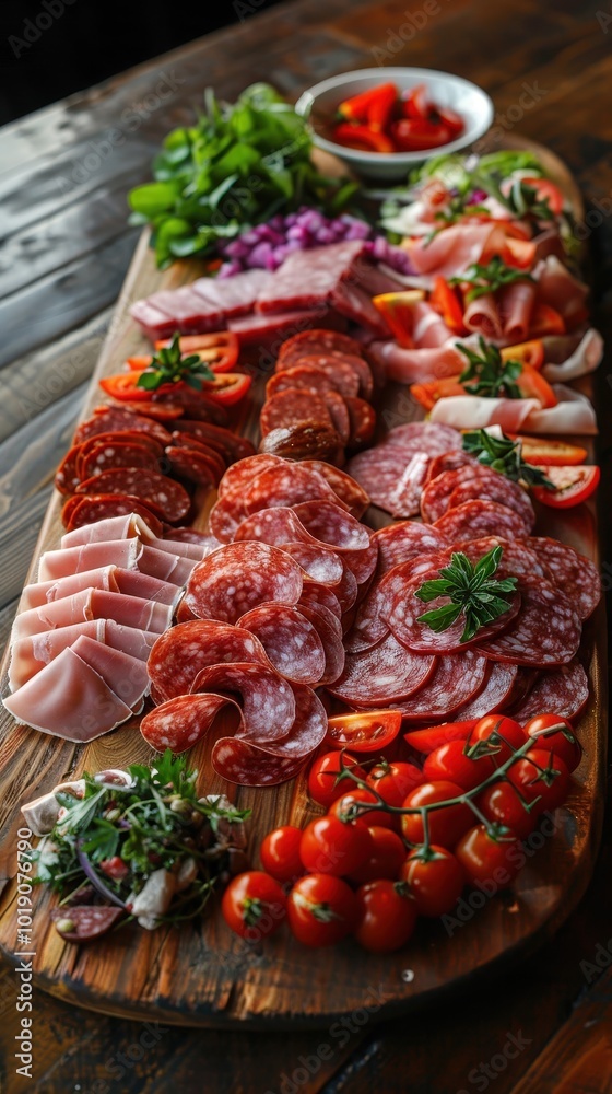 A rustic wooden platter filled with fresh meats and vegetables ready for sharing at a gathering A rustic wooden platter filled with fresh meats and vegetables ready for sharing at a gathering