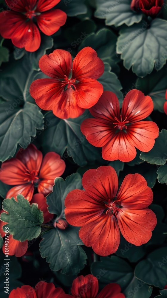 Vibrant red flowers in full bloom surrounded by lush green leaves in a sunny garden Vibrant red flowers in full bloom surrounded by lush green leaves in a sunny garden