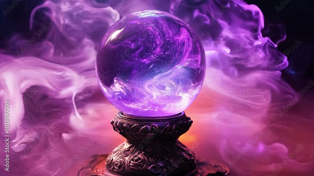 A magical crystal ball radiates a glowing purple aura, surrounded by swirling mist.