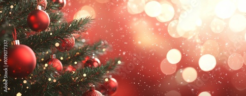 Festive Red Christmas Tree on Vibrant Red Background. Decorated with Red Ornaments and Bright Bokeh Lights.