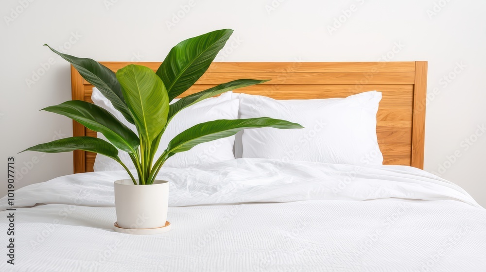 Indoor plant in a modern pot placed next to a cozy bed with white bedding.
