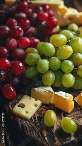 A colorful arrangement of red and green grapes with cheese on a rustic wooden table