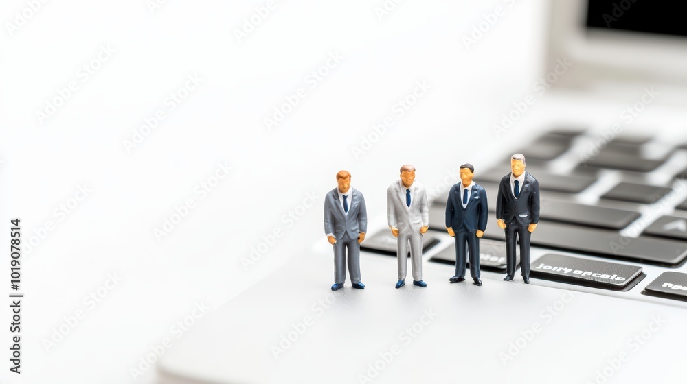 Miniature figures of business professionals standing on a laptop keyboard against a white background. Miniature figures of business professionals standing on a laptop keyboard against a white background.