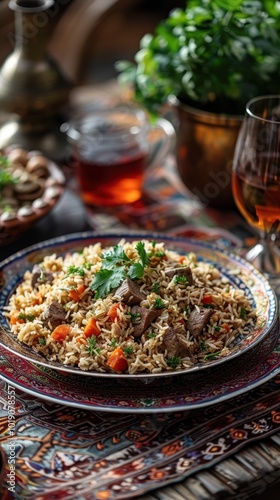 Delicious Uzbek pilaf served on an adras fabric table with wine and tea in a cozy setting photo