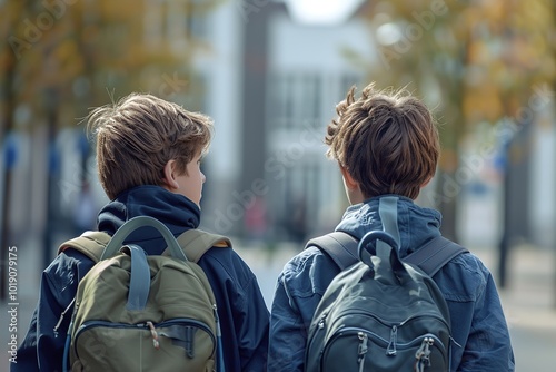 Back view of two schoolboys with backpacks, Ai Generated photo