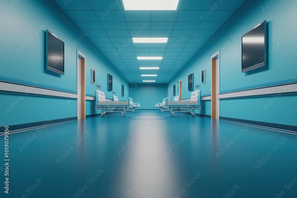 Obraz premium Modern hospital corridor with blue walls and clean, empty beds, creating a calm and sterile environment.