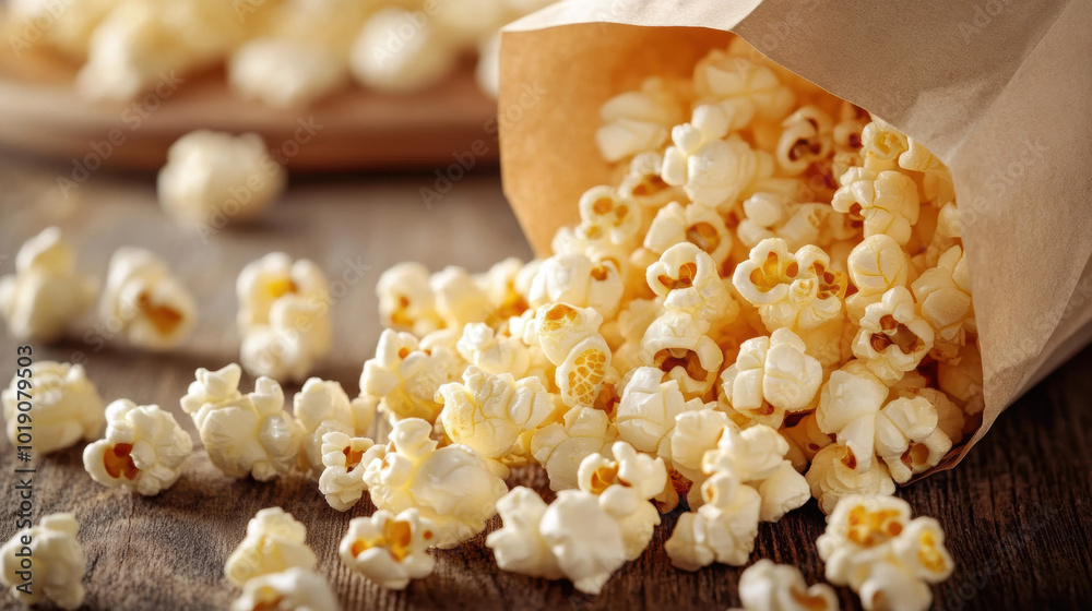 Freshly Popped Buttery Popcorn in a Paper Bag on Wooden Surface. National Popcorn Day. Freshly Popped Buttery Popcorn in a Paper Bag on Wooden Surface. National Popcorn Day.