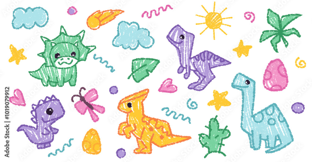 Obraz premium Cute crayon dinosaur set, doodle kids creature, colorful hand drawn pencil illustration. Dino drawing for kids or children notes or cover design