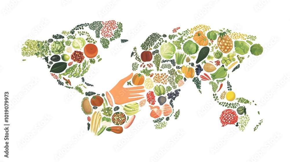 Naklejka premium World Food Interconnection, World Map, Handshake, Abstract Image, Texture, Pattern Background, Wallpaper, Cover and Screen for Smartphone, PC, Laptop, 9:16 and 16:9 Format