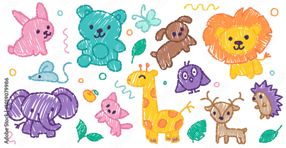 Naklejka premium Children crayon doodle set, Animal illustration in childish style. Vector kids hand drawn drawings: lion, bear, cat, dog, hedgehog, mouse, deer