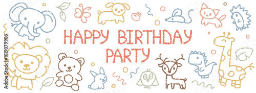 Crayon Happy birthday party design, doodle kids animals, colorful hand-drawn pencil illustration. Vector cartoon banner background design