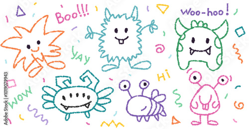 Cute crayon monster set, doodle spooky kids creature, colorful hand drawn pencil illustration. Monster drawing for kids or children notes or cover design