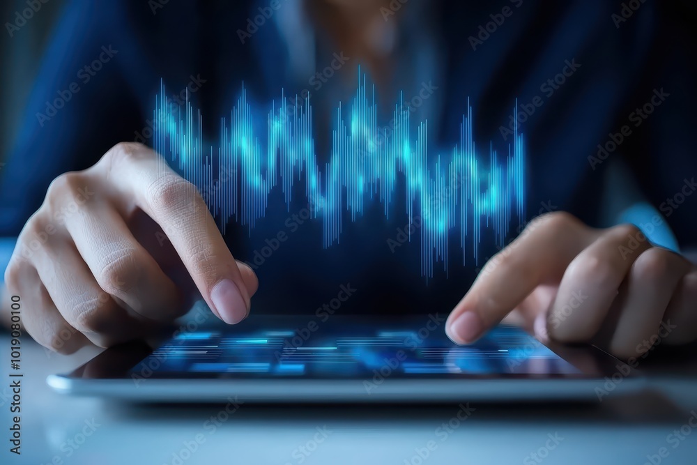 Person interacting with a tablet displaying sound waves in a modern workspace. Person interacting with a tablet displaying sound waves in a modern workspace.
