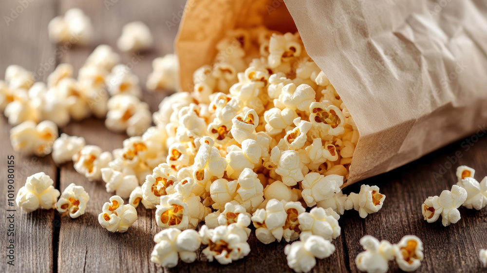 Freshly Popped Buttery Popcorn in a Paper Bag on Wooden Surface. National Popcorn Day. Freshly Popped Buttery Popcorn in a Paper Bag on Wooden Surface. National Popcorn Day.