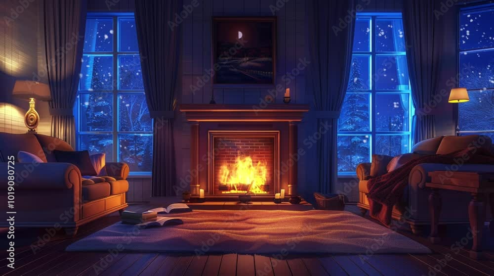Cozy cabin room with a comfortable sofa and a glowing fireplace, overlooking a warm winter landscape outside
 Seamless looping 4k time-lapse virtual video animation Generated AI