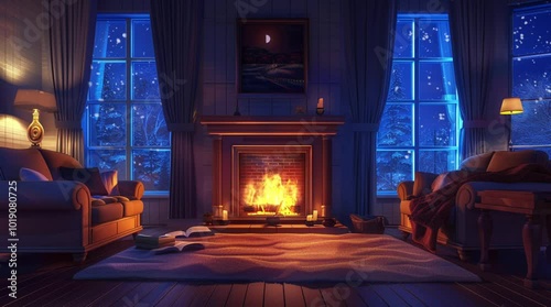 Cozy cabin room with a comfortable sofa and a glowing fireplace, overlooking a warm winter landscape outside
 Seamless looping 4k time-lapse virtual video animation Generated AI