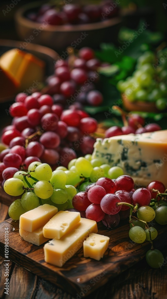 A colorful arrangement of mixed grapes and cheese on a rustic wooden table, perfect for snacking A colorful arrangement of mixed grapes and cheese on a rustic wooden table, perfect for snacking