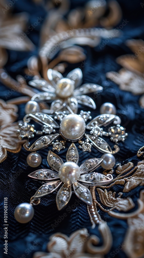Obraz premium Close-up of a stunning brooch with white pearls and intricate floral design