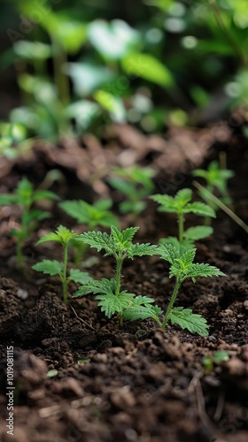 Young stinging nettle plants thrive in garden soil, surpassing weeds for nutrients and space