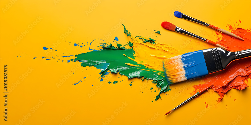 Obraz premium A colorful palette with paintbrushes and paint splatters, symbolizing artistic expression. Artist's tools.