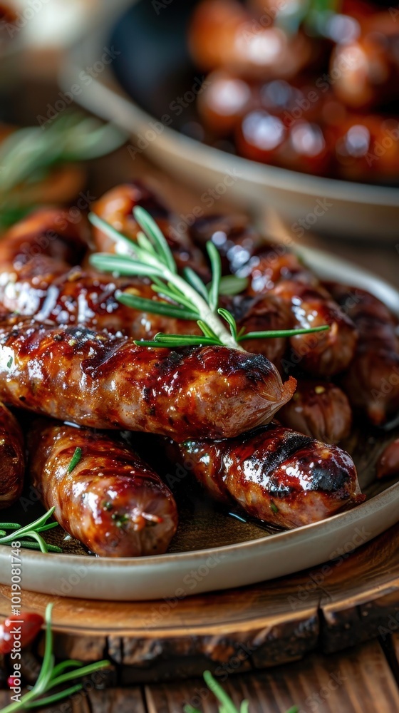 Sizzling chorizo sausages topped with fresh rosemary on a rustic wooden table ready to be enjoyed