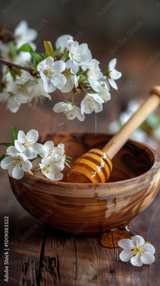 A wooden bowl filled with golden honey and white flowers on an elegant acacia table A wooden bowl filled with golden honey and white flowers on an elegant acacia table