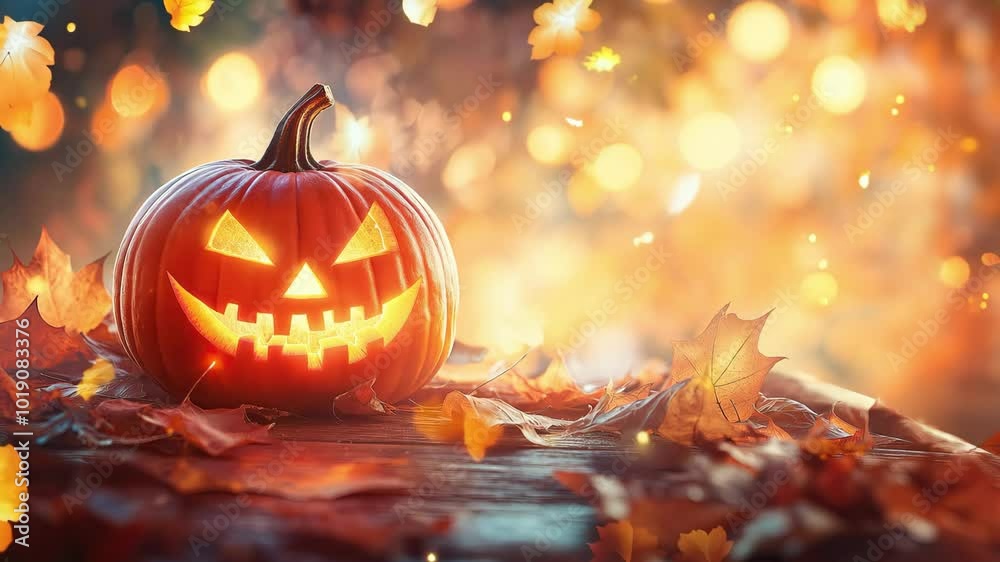 A glowing jack-o'-lantern sits among autumn leaves with warm, blurred bokeh lights in the background, Halloween atmosphere. A glowing jack-o'-lantern sits among autumn leaves with warm, blurred bokeh lights in the background, Halloween atmosphere.