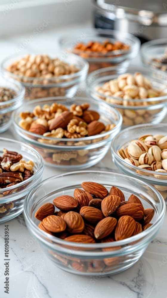 A delightful assortment of nuts in glass bowls on a white paper backdrop A delightful assortment of nuts in glass bowls on a white paper backdrop