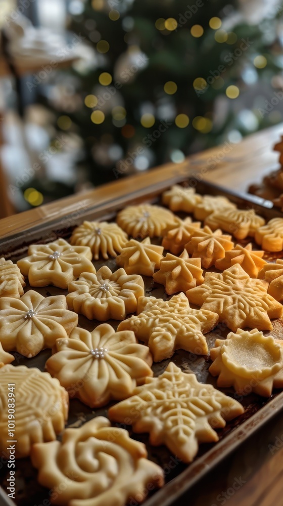Close-up of holiday-shaped spritz cookies on a wooden table, ready for baking this festive season Close-up of holiday-shaped spritz cookies on a wooden table, ready for baking this festive season