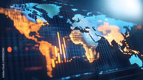 Wallpaper Mural Close-up of digital world map with highlighted countries and trade routes, visualizing the impact of tariffs on global trade and rising economic tension through a graph	 Torontodigital.ca