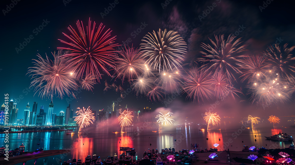 vibrant fireworks display lighting up the city skyline at night, generative ai vibrant fireworks display lighting up the city skyline at night, generative ai