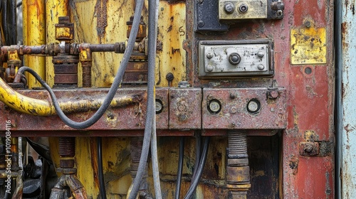 Rusty Industrial Control Panel with Cables and Pipes