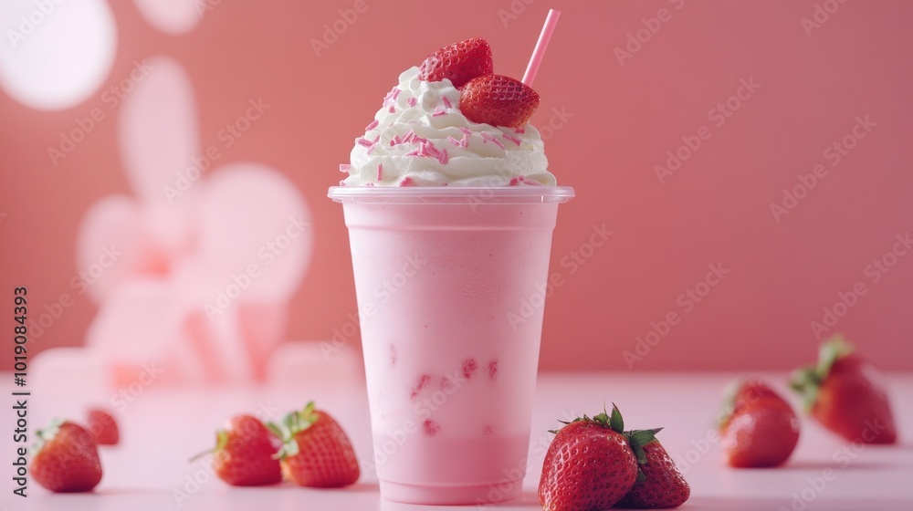 Pink strawberry milkshake with whipped cream and sprinkles in a plastic cup on a pink background. Pink strawberry milkshake with whipped cream and sprinkles in a plastic cup on a pink background.