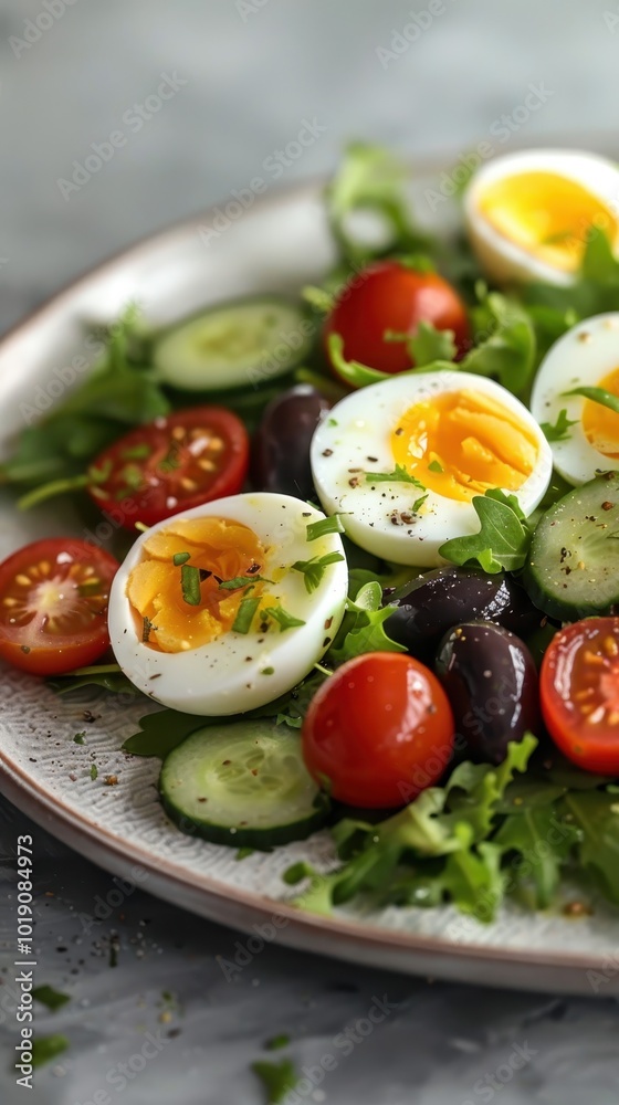 Fresh salad with hard boiled eggs, cherry tomatoes, cucumbers, and olives on a white plate Fresh salad with hard boiled eggs, cherry tomatoes, cucumbers, and olives on a white plate