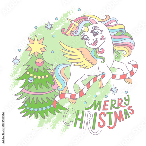 Cute Cartoon Christmas Unicorn and lettering Merry Christmas