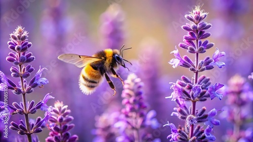 aerial view of Northern white tailed bumblebee flying towards purple sage flower