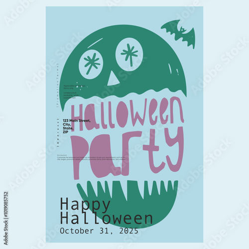 Halloween party flyer with green jack-o-lantern and bold lettering, featuring spooky graphics, great for festive invitations with a fun, eerie vibe.