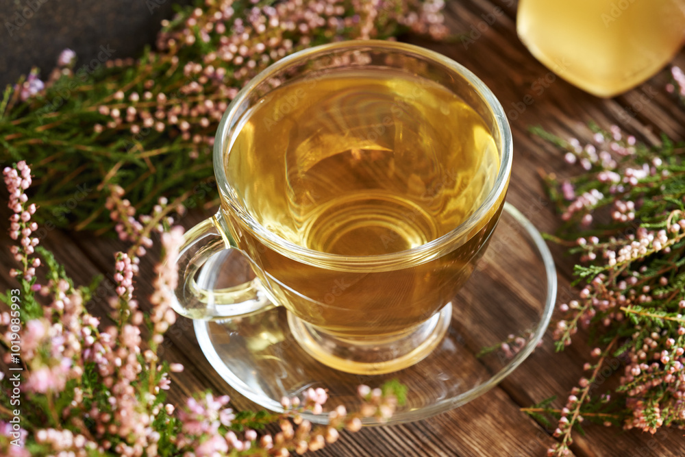 Herbal tea with fresh heather or Calluna vulgaris flowers Herbal tea with fresh heather or Calluna vulgaris flowers