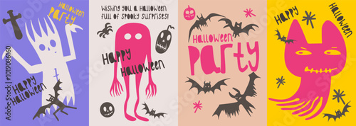 Halloween cards set with quirky ghost, bat, and pumpkin designs, featuring playful characters in bright colors, perfect for festive party invites and decorations.